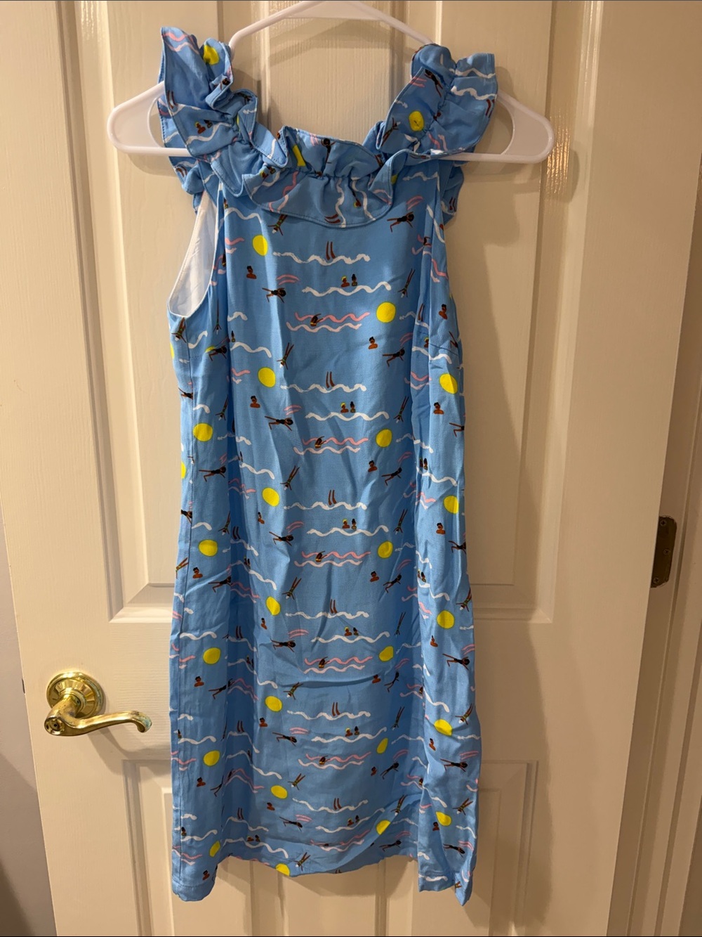 NWT Anthropologie Blue Ruffle-Neck Mini Dress with Swimmer Print